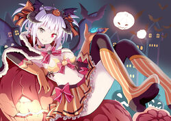  animal bat_(animal) black_cloak black_sleeves black_thighhighs blue_wings boots bow breasts brown_skirt candy candy_wrapper character_request chouhakai!!_barbarossa cloak closed_mouth commentary_request crossed_legs demon_girl demon_horns demon_wings detached_sleeves fang_out female food frilled_skirt frills fur-trimmed_cloak fur-trimmed_hood fur_trim givuchoko gloves glowing grey_eyes grey_hair hairbow halloween head_wings heterochromia holding holding_food hood hood_down hooded_cloak horns jack-o&#039;-lantern knee_boots lollipop long_sleeves looking_at_viewer medium_breasts navel night night_sky oerba_yun_fang orange_bow orange_gloves outdoors pleated_skirt pointy_ears purple_wings red_eyes skirt sky smile solo striped_clothes striped_footwear swirl_lollipop thighhighs thighhighs_under_boots tiara twintails vertical-striped_footwear wings 