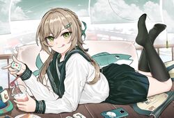  :q absurdres alternate_costume black_socks brown_hair crazy_straw cup disposable_cup drinking_straw feet female fish green_eyes green_sailor_collar green_skirt highres holding holding_cup holding_mahjong_tile honkai:_star_rail honkai_(series) kneehighs legs licking_lips long_hair long_sleeves looking_at_viewer lying mahjong_tile no_shoes on_stomach pillow pleated_skirt qingque_(honkai:_star_rail) revision sailor_collar school_uniform serafuku shirt skirt socks soles solo the_pose toes tongue tongue_out wangzili_shitoumen white_shirt 