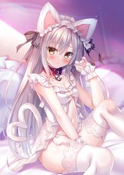  animal_collar animal_ears babydoll blush breasts cat_ears cat_girl cat_tail cleavage cleavage_cutout closed_mouth clothing_cutout collar dot_mouth dot_nose female fluff frilled_babydoll frilled_hairband frilled_panties frills garter_straps grey_hair hair_between_eyes hair_ribbon hairband heart heart-shaped_lock heart_tail highres lace_trim lingerie long_hair looking_at_viewer on_bed original panties ribbon rokudou_itsuki small_breasts solo tail thighhighs thighs underwear white_babydoll white_thighhighs yellow_eyes 