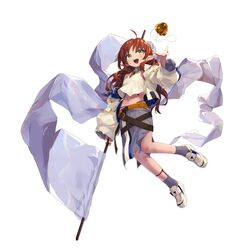  apple arknights belt blush brown_hair female flag food fruit full_body golden_apple green_eyes grey_socks highres holding holding_flag jacket long_hair long_sleeves myrtle_(arknights) open_clothes open_jacket open_mouth pointy_ears shoes simple_background skirt socks solo tank_top white_background white_flag white_footwear white_tank_top yachima_tana 