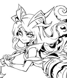  bare_shoulders breasts closed_mouth coven_nami female from_side greyscale holding holding_staff league_of_legends long_hair looking_at_viewer medium_breasts monochrome monster_girl nami_(league_of_legends) official_alternate_costume phantom_ix_row scylla simple_background smile solo staff tentacle white_background 