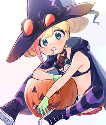  belt black_bra black_cape black_footwear blonde_hair bra candy cape double_bun female flat_chest food gloves goggles goggles_on_headwear green_eyes green_gloves hair_bun halloween hat highres holding holding_candy holding_food holding_lollipop hood hood_down jack-o&#039;-lantern kouhara_yuyu lollipop looking_at_viewer lucia_fex multicolored_hair pink_hair plaid plaid_skirt promare red_skirt respirator simple_background single_sidelock sitting skirt solo striped_clothes striped_thighhighs swirl_lollipop thighhighs underwear white_background white_belt witch_hat 