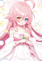  ahoge alternate_costume apple_caramel artist_name bare_shoulders blue_archive blue_eyes blush detached_sleeves dress female hair_between_eyes halo heterochromia highres hoshino_(blue_archive) long_hair open_mouth pink_hair pink_halo solo white_dress white_sleeves wide_sleeves yellow_eyes 