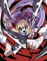  :3 anatomical_nonsense anger_vein animal_ears black_background black_eyes blonde_hair blue_archive blunt_bangs bow bright_pupils cat_ears commentary_request crossed_knives death_momoi_(meme) dr_yamero extra_arms fake_animal_ears female glint hairbow highres holding holding_knife jacket kitchen_knife knife long_arms long_hair long_sleeves meme momoi_(blue_archive) motion_lines open_mouth red_background red_bow reverse_grip shaded_face shirt silhouette solo teeth too_many_hands two-tone_background upper_teeth_only white_jacket white_pupils white_shirt 