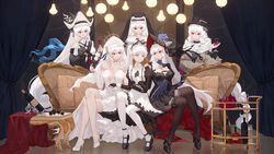  6+girls absurdres alcohol alternate_costume apron arknights black_dress black_footwear black_gloves black_headwear black_thighhighs bottle breasts candle center_opening cleavage closed_mouth coif couch crossed_legs cup dress drinking_glass earrings elbow_gloves enmaided facing_viewer fingerless_gloves flower frilled_apron frilled_hairband frills gloves grey_hair habit hairband hand_on_own_chin hat hat_flower high_heels highres holding holding_cup indoors irene_(arknights) irene_(voyage_of_feathers)_(arknights) jewelry juliet_sleeves long_hair long_sleeves looking_at_another maid mary_janes multiple_girls multiple_persona nun official_alternate_costume on_couch pantyhose puffy_sleeves red_eyes sflr shoes sitting specter_(arknights) specter_(undercurrent)_(arknights) specter_the_unchained_(arknights) specter_the_unchained_(born_as_one)_(arknights) thighhighs very_long_hair white_apron white_dress white_footwear white_gloves white_hair white_headwear white_pantyhose wine wine_bottle wine_glass yuri 