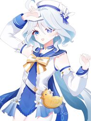  barbara_(genshin_impact) barbara_(genshin_impact)_(cosplay) barbara_(summertime_sparkle)_(genshin_impact) blue_eyes blue_hair bow cosplay detached_sleeves female furina_(genshin_impact) genshin_impact hair_between_eyes hat heterochromia highres kino_(curry_pan) long_hair mismatched_pupils multicolored_hair official_alternate_costume one-piece_swimsuit open_mouth smile solo swimsuit white_hair white_hat white_sleeves 