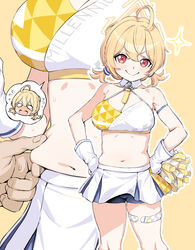  1boy ahoge belly belly_grab blonde_hair blue_archive blue_skirt breasts cheerleader cleavage closed_mouth collarbone female gloves halo highres kotori_(blue_archive) kotori_(cheer_squad)_(blue_archive) kumadano looking_at_viewer medium_breasts millennium_cheerleader_outfit_(blue_archive) multiple_views navel official_alternate_costume orange_background plump pom_pom_(cheerleading) red_eyes short_hair simple_background skirt smile standing thigh_strap thighs triangle_halo two-tone_skirt white_gloves white_skirt yellow_halo 