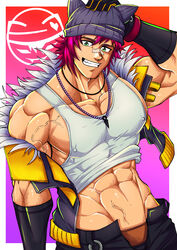  1boy abs bandaid bandaid_on_face bandaid_on_nose bara black_gloves black_jacket black_pants covered_nipples cropped_jacket fur-trimmed_jacket fur_trim gloves green_eyes hat heartsteel_(league_of_legends) heartsteel_sett highres jacket jewelry large_pectorals league_of_legends male_focus male_underwear male_underwear_peek muscular muscular_male necklace official_alternate_costume open_clothes pants pectorals pink_hair sett_(league_of_legends) short_hair sidepec smile solo tank_top teeth tofuboyz underwear white_tank_top 