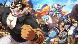  4boys abs animal_ears bara belly blue_sky claws clenched_hand cloud cloudy_sky commentary_request dog_boy dog_ears dragon_boy eyewear_on_head fat fat_man fins fish_tail folding_fan furry furry_male glasses hand_fan hand_on_own_hip hat highres holding holding_fan hydoor_(live_a_hero) jewelry live_a_hero looking_at_another male_focus multiple_boys muscular muscular_male necklace paripoi_(dragoooon1223) pectoral_cleavage pectorals pubraseer_(live_a_hero) ryekie_(live_a_hero) sky straw_hat subaru_(live_a_hero) sweatdrop tail tiger_boy tiger_ears tiger_tail translation_request 