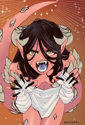  arc_the_lad arc_the_lad_twilight_of_the_spirits black_hair black_nails breasts choker claw_pose claws colored_skin delma_(arc_the_lad) female fingernails highres horns loincloth long_fingernails looking_at_viewer marusa_(marugorikun) monster_girl open_mouth pink_skin pointy_ears scales sharp_fingernails short_hair solo tail tongue 