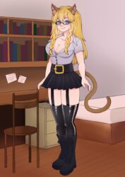  animal_humanoid big_breasts blonde_hair blue_eyes bottomwear breasts cat_tail clothing eyewear felid felid_humanoid feline feline_ears feline_humanoid feline_tail female glasses hair humanoid jack_mery legwear lily_(disambiguation) mammal mammal_humanoid skirt solo stockings 