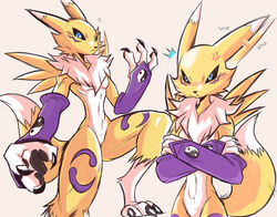  2023 3_fingers anthro armwear armwear_only bandai_namco beezii black_sclera blue_eyes breasts bridal_gauntlets bridal_gauntlets_only canid clothing cross-popping_vein crossed_arms digimon digimon_(species) dipstick_tail female fingers fur hi_res leg_markings mammal markings mostly_nude neck_tuft onomatopoeia renamon small_breasts socks_(marking) solo sound_effects tail tail_markings text tuft white_body white_fur yellow_body yellow_fur 