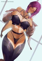  araneesama artist_name bare_shoulders black_bra black_leggings black_panties blush bra breasts brown_eyes cleavage collarbone cyberpunk_(series) cyberpunk_2077 facial_mark female grey_jacket highres jacket large_breasts leggings long_sleeves looking_at_viewer navel o-ring off_shoulder open_clothes open_jacket panties patreon_username purple_hair short_hair solo songbird_(cyberpunk) thighs underwear web_address 