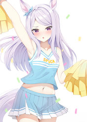  absurdres animal_ears aqua_bow arm_up armpits bare_shoulders blue_skirt blush bow cheerleader commentary_request confetti cowboy_shot ear_bow female highres holding holding_pom_poms horse_ears horse_girl horse_tail long_hair mejiro_mcqueen_(umamusume) midriff navel open_mouth pleated_skirt pom_pom_(cheerleading) purple_eyes purple_hair rei_(ilust9999) shirt simple_background skirt sleeveless sleeveless_shirt solo tail umamusume white_background 