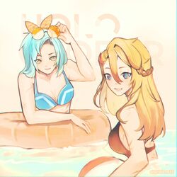  2girls adjusting_eyewear axel_syrios ball beachball bikini blonde_hair blue_eyes blue_hair genderswap_(mtf) hanhan_(sharialene22) highres holostars holostars_english long_hair looking_at_viewer multicolored_hair multiple_girls partially_submerged red_hair regis_altare rule_63 streaked_hair sunglasses swimsuit virtual_youtuber yellow_innertube 