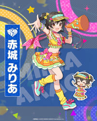  akagi_miria armpits bare_shoulders bead_bracelet beads black_hair blue_footwear blush bow bowtie bracelet breasts brown_eyes character_name chibi choker collarbone commentary_request crop_top cropped_shirt dot_nose earrings female frilled_shirt frilled_skirt frills full_body hair_ornament hairbow hands_up holding holding_megaphone idolmaster idolmaster_cinderella_girls idolmaster_cinderella_girls_starlight_stage idolmaster_poplinks imas_poplinks jewelry leg_up looking_at_viewer loose_socks megaphone midriff multicolored_background multiple_bracelets multiple_views navel offering_hand official_art open_hand open_mouth orange_armband orange_trim pink_bow pink_bowtie pink_choker polka_dot print_shirt reaching reaching_towards_viewer ribbon shirt shoes short_hair skirt sleeveless sleeveless_shirt small_breasts smile sneakers socks sparkle standing standing_on_one_leg star_(symbol) star_earrings star_hair_ornament star_print triangle two-tone_skirt two_side_up visor_cap yellow_ribbon yellow_shirt yellow_socks yellow_wristband 