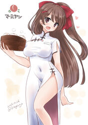  apron bamboo_steamer breasts brown_eyes brown_hair china_dress chinese_clothes covered_navel dress feet_out_of_frame female hair_ornament hair_ribbon hairclip kantai_collection kappougi kitagawa_mikio long_hair mamiya_(kancolle) motherly one-hour_drawing_challenge open_mouth ribbon short_sleeves side_slit simple_background solo white_background white_dress 