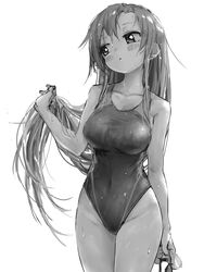  :o blush breasts competition_swimsuit female goshiki_agiri greyscale hair_between_eyes highleg highleg_swimsuit highres holding kill_me_baby large_breasts long_hair monochrome one-piece_swimsuit parted_lips simple_background solo swimsuit very_long_hair wet wet_clothes wet_hair wet_swimsuit yachima_tana 