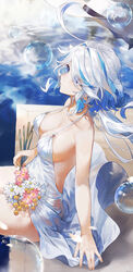  absurdres backless_dress backless_outfit bare_arms blue_eyes blue_hair breasts bubble chinese_commentary cleavage closed_mouth commentary_request cowboy_shot cowlick dress female flower from_side furina_(genshin_impact) genshin_impact hat highres holding holding_flower light_blue_hair long_hair multicolored_hair sideboob sitting sleeveless sleeveless_dress solo spaghetti_strap streaked_hair swkl:d unworn_hat unworn_headwear water white_dress white_hat 