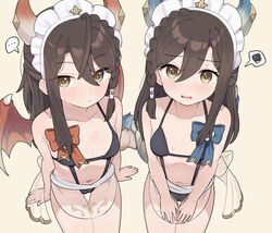  ... 2girls ahoge apron blue_bow blue_bowtie blue_horns blue_wings blush bow bowtie braid brown_eyes brown_hair cameltoe collarbone commentary dragon_girl dragon_wings embarrassed feet_out_of_frame from_above hair_between_eyes halterneck highres horns lind_(princess_connect!) long_hair looking_at_viewer looking_up maid_headdress midriff multiple_girls navel princess_connect! red_bow red_bowtie red_horns red_wings revealing_clothes see-through see-through_apron siblings simple_background single_braid sisters sitting sorahana_(haruka1638) speech_bubble spoken_ellipsis spoken_squiggle squiggle stomach symbol-only_commentary twins waist_apron white_background wings wurm_(princess_connect!) 