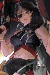  absurdres bare_shoulders black_hair bracelet breasts closed_mouth earrings eyepatch female gradient_background green_eyes gun hands_up highres holding holding_gun holding_weapon jewelry kkotkke large_breasts league_of_legends long_hair mole mole_above_mouth navel samira smile solo stomach weapon 