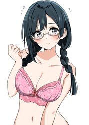  :&gt; black_hair blush bow bow_bra bra braid breasts cleavage collarbone commentary djpwjd1 embarrassed female floral_print flying_sweatdrops glasses grey_eyes hand_up highres lace-trimmed_bra lace_trim large_breasts long_hair looking_at_viewer love_live! love_live!_nijigasaki_high_school_idol_club nakagawa_nana navel pink_bra sidelocks simple_background solo standing sweatdrop twin_braids underwear upper_body white_background yuki_setsuna_(love_live!) 