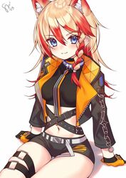  animal_ear_fluff animal_ears axel_syrios belt black_gloves black_jacket blonde_hair blue_eyes braid collar dog_ears female fingerless_gloves genderswap_(mtf) gloves hair_between_eyes highres holostars holostars_english jacket multicolored_hair multiple_belts navel oerba_yun_fang red_hair rule_63 shirt short_hair short_shorts shorts side_braid skin_fang skindentation smile solo streaked_hair studded_gloves thigh_strap virtual_youtuber watashishi white_background 