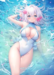  blue_eyes breasts casual_one-piece_swimsuit cleavage_cutout clothing_cutout covered_navel female flower hair_flower hair_ornament highres large_breasts long_hair one-piece_swimsuit original partially_submerged pink_flower solo sorakase_sawa swimsuit turtleneck two-tone_swimsuit water white_hair white_one-piece_swimsuit wristband 