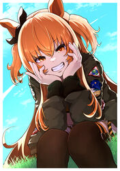  absurdres animal_ears belt bomber_jacket bow brown_thighhighs cloud commentary contrail dated day ear_bow feet_out_of_frame female gashitani grass green_jacket grin hair_between_eyes head_rest highres horse_ears horse_girl jacket long_hair long_sleeves looking_at_viewer mayano_top_gun_(umamusume) orange_eyes orange_hair outdoors shorts signature sitting smile solo thighhighs two_side_up umamusume white_shorts 