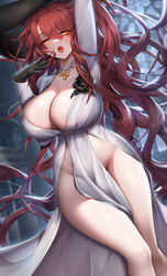  absurdres adjusting_hair alcina_dimitrescu alcina_dimitrescu_(cosplay) arm_up black_flower black_gloves black_headwear black_rose blurry blurry_background breasts cosplay dress dutch_angle elesis_(elsword) elsword eyes_visible_through_hair fangs feet_out_of_frame female flower gloves groin hair_between_eyes hair_lift hair_spread_out hand_in_own_hair hand_up highres indoors jewelry large_breasts long_dress long_hair looking_at_viewer necklace open_mouth pearl_necklace pelvic_curtain red_eyes red_hair resident_evil resident_evil_village rose rourou_(been) saliva solo standing very_long_hair white_dress 