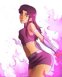  absurdres armband artist_name black_hair blackfire crop_top dc_comics el_saburoe female fire highres looking_back navel pink_eyes pink_fire pink_skirt pink_top purple_fire shirt skirt sleeveless sleeveless_shirt solo teen_titans watermark 