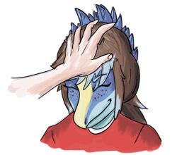  ambiguous_gender anthro blue_body blue_feathers blush brown_hair cavemanon_studios closed_eyes clothed clothing dinosaur disembodied_hand dromaeosaurid duo extinct feathered_crest feathers female hair head_crest head_pat hi_res human i_wani_hug_that_gator jenine_(iwhtg) mammal napkinbot prehistoric_species reptile scalie shirt simple_background smile snout theropod topwear 