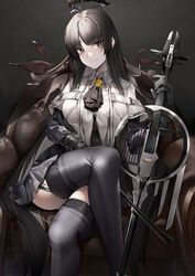  absurdres antenna_hair arknights ascot black_ascot black_bustier black_eyes black_garter_straps black_gloves black_hair black_halo black_shirt black_skirt black_thighhighs black_wings blunt_bangs bow_(music) breasts broken_halo bustier cello chinese_commentary closed_mouth collared_jacket commentary_request couch crossed_legs dark_halo detached_wings dress_shirt energy_wings feet_out_of_frame female garter_straps gloves hair_flowing_over halo hand_up highres hime_cut holding holding_bow_(music) holding_instrument holding_violin instrument jacket layered_sleeves lips long_hair long_sleeves looking_at_viewer lubikaya medium_breasts miniskirt mole mole_under_eye on_couch pale_skin patterned pleated_skirt shirt short-sleeved_jacket short_over_long_sleeves short_sleeves sidelocks sitting sitting_on_object skindentation skirt smile solo straight_hair thighhighs thighs underbutt very_long_hair violin virtuosa_(arknights) wall wallpaper_(object) white_jacket wide_sleeves wing_collar wings yellow_pupils zettai_ryouiki 