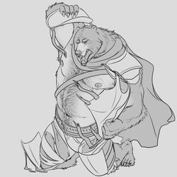  anthro armor awarebear bear cape claws closed_eyes clothing fur kneeling male mammal mid_transformation muscular muscular_anthro muscular_male navel nipples sharp_claws sharp_teeth simple_background solo tearing_clothing tearing_own_clothing teeth torn_clothing transformation were wereursid white_background 