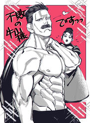  1boy 1other abs bara cheekbones cowboy_shot facial_hair flying_sweatdrops golden_kamuy greyscale_with_colored_background hair_slicked_back hands_up highres ienaga_kano jacket jacket_over_shoulder large_pectorals looking_at_viewer male_focus mature_male mineco000 moustache muscular muscular_male nipples old old_man one_eye_closed pectorals pink_background short_hair shredded_muscles solo_focus sparkle_background thick_lips thick_mustache topless_male tsurime unworn_jacket ushiyama_tatsuma wink_heart 