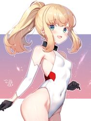  alice_gear_aegis black_gloves blonde_hair blue_eyes commentary_request covered_navel detached_sleeves female gloves highleg highleg_leotard highres kakerayuri leotard long_hair noelle_francesca ponytail sidelocks solo white_leotard 