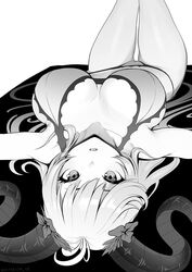  ahoge artist_name bikini brassica breasts cameltoe collarbone commission english_commentary female fire_emblem fire_emblem_heroes freyja_(fire_emblem) freyja_(summer)_(fire_emblem) greyscale highres horn_flower horns large_breasts large_horns long_hair looking_at_viewer lying monochrome official_alternate_costume on_back parted_lips solo swimsuit thighs 