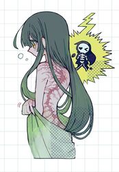  &gt;_o 50zushi bare_back blush_stickers bubble chibi chibi_inset commentary_request cropped_legs electrocution female from_behind green_hair green_robe grid_background hair_over_shoulder halftone heart heart-shaped_eyes lichtenberg_figure lightning lightning_scar long_hair looking_ahead multiple_views one_eye_closed profile robe scar scar_on_back skeleton topless touhoku_zunko undressing voiceroid white_background x-ray yellow_eyes 