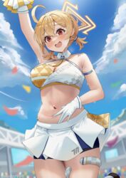  ahoge arm_up blonde_hair blue_archive blue_sky breasts cheerleader cleavage cloud day female gloves hair_between_eyes halo highres holding holding_pom_poms kotori_(blue_archive) kotori_(cheer_squad)_(blue_archive) medium_breasts midriff millennium_cheerleader_outfit_(blue_archive) navel official_alternate_costume open_mouth outdoors plump pom_pom_(cheerleading) red_eyes short_hair skirt sky smodzz998 solo stadium stomach sweat triangle_halo white_gloves white_skirt yellow_halo 