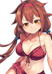  ahoge bare_shoulders bikini bikini_skirt blush breasts brown_hair collarbone commentary_request cosplay daiwa_scarlet_(umamusume) daiwa_scarlet_(umamusume)_(cosplay) female front-tie_bikini_top front-tie_top grin hairband highres kantai_collection long_hair looking_at_viewer navel red_bikini red_hairband red_skirt shiratsuyu_(kancolle) simple_background skirt smile solo stomach swimsuit umamusume upper_body very_long_hair white_background yasume_yukito yellow_eyes 