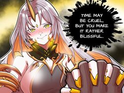  breasts english_commentary english_text female fire_emblem fire_emblem_heroes gold gold_horns gullveig_(fire_emblem) holding_hands horns kiran_(fire_emblem) large_breasts long_hair looking_at_viewer mnejing30 out_of_frame pov pov_hands single_horn solo_focus upper_body white_hair yellow_eyes 