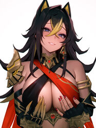  95--- bare_shoulders black_hair blonde_hair blue_eyes breasts criss-cross_halter crop_top crossed_bangs dangle_earrings dark-skinned_female dark_skin dehya_(genshin_impact) earrings english_commentary female genshin_impact grabbing_own_breast hair_between_eyes hair_ears halterneck highres jewelry large_breasts long_hair looking_at_viewer multicolored_hair open_mouth revealing_clothes smile solo streaked_hair underboob 