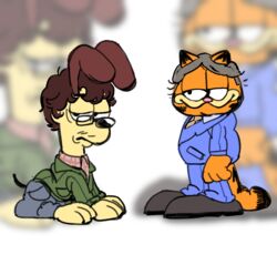  anthro black_nose blowup_background blurred_background bottomwear brown_hair canid canine canis clothed clothing cosplay crossover crossover_cosplay denim denim_clothing domestic_cat domestic_dog duo eyewear facial_hair felid feline felis feral footwear frown fully_clothed garfield_(series) garfield_the_cat glasses grey_hair hair hannibal_(series) hannibal_lecter hi_res jacket jeans lidded_eyes male mammal moustache necktie odie_the_dog orange_body pants paws pink_nose prick_ears shirt shoes simple_background sitting smile squareoverlord suit tail topwear will_graham yellow_body 