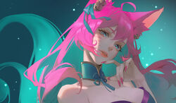  absurdres ahri_(league_of_legends) animal_ear_fluff animal_ears aqua_hair asami_okutoshioku bell blue_eyes breasts cleavage detached_collar facial_mark female finger_to_mouth fingernails fox_ears fox_girl glowing_motes hair_bell hair_ornament hair_ribbon hand_up high_collar highres large_breasts league_of_legends long_hair looking_at_viewer multicolored_hair night night_sky official_alternate_costume official_alternate_hairstyle outdoors parted_lips pink_hair pink_nails ribbon sky smile solo spirit_blossom_(league_of_legends) spirit_blossom_ahri teeth two-tone_hair upper_body whisker_markings 