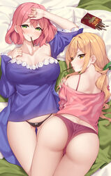  2girls absurdres arm_up ass bare_shoulders bed_sheet black_panties blonde_hair blush breasts chinese_commentary closed_mouth commentary_request food food_in_mouth green_eyes hair_between_eyes hanazono_hakari highres inda_karane kimi_no_koto_ga_dai_dai_dai_dai_daisuki_na_100-nin_no_kanojo large_breasts long_hair long_sleeves lying mouth_hold multiple_girls neps-l no_pants off-shoulder_shirt off_shoulder on_back on_stomach panties partial_commentary pink_hair pink_shirt pocky purple_panties purple_shirt shirt short_hair sleeves_past_wrists underwear very_long_hair wide_sleeves 