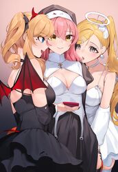  3girls angel bare_shoulders bell black_dress blonde_hair blue_eyes blush breasts choker cleavage cleavage_cutout clothing_cutout coif collarbone cross cross_necklace demon_girl demon_tail demon_wings dress earrings elbow_gloves fake_halo fake_horns frilled_skirt frills fujimoto_rina gloves grey_eyes gyaru hair_between_eyes hair_ribbon halo highres holding holding_phone horned_headwear horns idolmaster idolmaster_cinderella_girls jewelry jougasaki_mika koyo_akio long_hair medium_breasts multiple_girls nail_polish neck_bell necklace nun ohtsuki_yui open_mouth phone pink_hair puffy_sleeves ribbon skirt smile swept_bangs tail thighhighs torn_clothes torn_dress torn_gloves veil white_choker wings yellow_eyes 