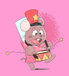  2023 4_fingers anthro biped brown_body chuuta clothing drum fingers gamba_no_bouken gamba_no_bouken_(series) hat headgear headwear hi_res hikari_gamba mammal mouse murid murine musical_instrument open_mouth percussion_instrument pink_background rodent simple_background solo walking 