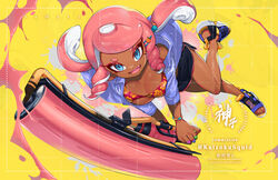  artist_name blue_eyes bracelet breasts carbon_roller_(splatoon) cleavage commission dark-skinned_female dark_skin female highres jewelry jinkoika large_breasts looking_at_viewer medium_hair octoling octoling_girl octoling_player_character oerba_yun_fang open_mouth paint paint_roller pink_hair sample_watermark simple_background smile solo splatoon_(series) tentacle_hair twintails watermark yellow_background 