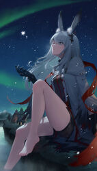  absurdres animal_ear_fluff animal_ears arknights aurora barefoot black_gloves black_shorts coat commentary eyes_visible_through_hair feet female frostnova_(arknights) gloves grey_eyes grey_hair hair_ornament hair_over_one_eye hairclip highres long_hair long_sleeves night night_sky orange_ribbon outdoors rabbit_ears rabbit_girl ribbon scar scar_on_face scar_on_nose shorts sky snow snowflakes soaking_feet solo_focus star_(sky) starry_sky toenails toes white_hair zayur 