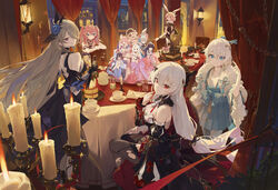  6+girls animal_ears anniversary bare_shoulders black_dress breasts bronya_zaychik bronya_zaychik_(herrscher_of_truth) candle chinese_clothes commentary_request cup detached_sleeves dress elysia_(herrscher_of_human:_ego)_(honkai_impact) elysia_(honkai_impact) flower food grey_hair hair_flower hair_ornament highres honkai_(series) honkai_impact_3rd indoors kiana_kaslana kiana_kaslana_(herrscher_of_finality) large_breasts logo long_hair looking_at_viewer modare multicolored_hair multiple_girls official_alternate_costume official_art one_eye_closed pancake pink_hair raiden_mei raiden_mei_(herrscher_of_origin) red_eyes rita_rossweisse rita_rossweisse_(fallen_rosemary) rozaliya_olenyeva rozaliya_olenyeva_(fervent_tempo) seele_vollerei seele_vollerei_(herrscher_of_rebirth) sitting streaked_hair theresa_apocalypse theresa_apocalypse_(luna_kindred) theresa_apocalypse_(lunar_vow:_crimson_love) twintails white_hair winking_(animated) yae_kasumi yae_sakura zhuge_kongming_(honkai_impact) 